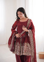 Lorenvalley Fashion Maroon Fendy Satin Embroidery Sequins work with Real Mirror Kurta Palazzo with Dupatta | Grocsy