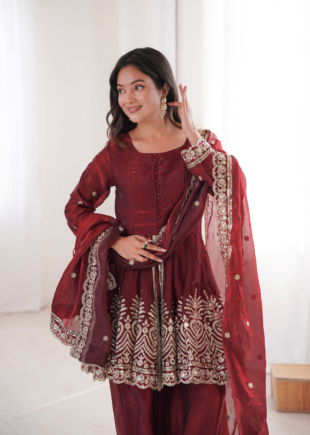 Lorenvalley Fashion Maroon Fendy Satin Embroidery Sequins work with Real Mirror Kurta Palazzo with Dupatta | Grocsy