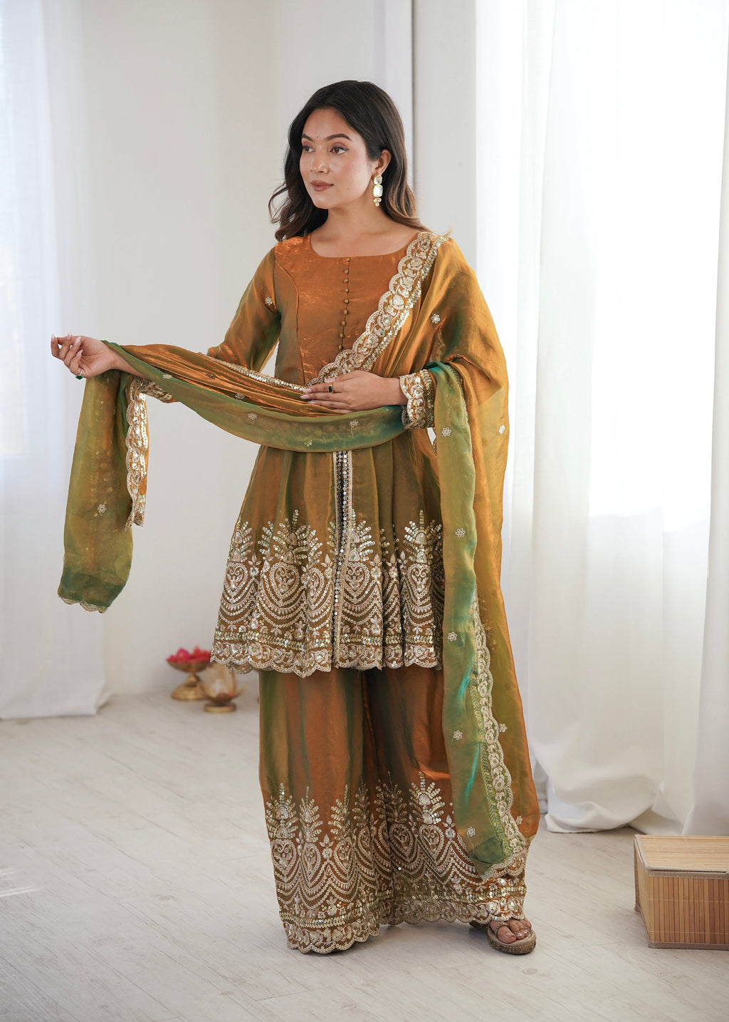 Lorenvalley Fashion Mehendi Fendy Satin Embroidery Sequins work with Real Mirror Kurta Palazzo with Dupatta | Grocsy