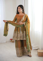 Lorenvalley Fashion Mehendi Fendy Satin Embroidery Sequins work with Real Mirror Kurta Palazzo with Dupatta | Grocsy