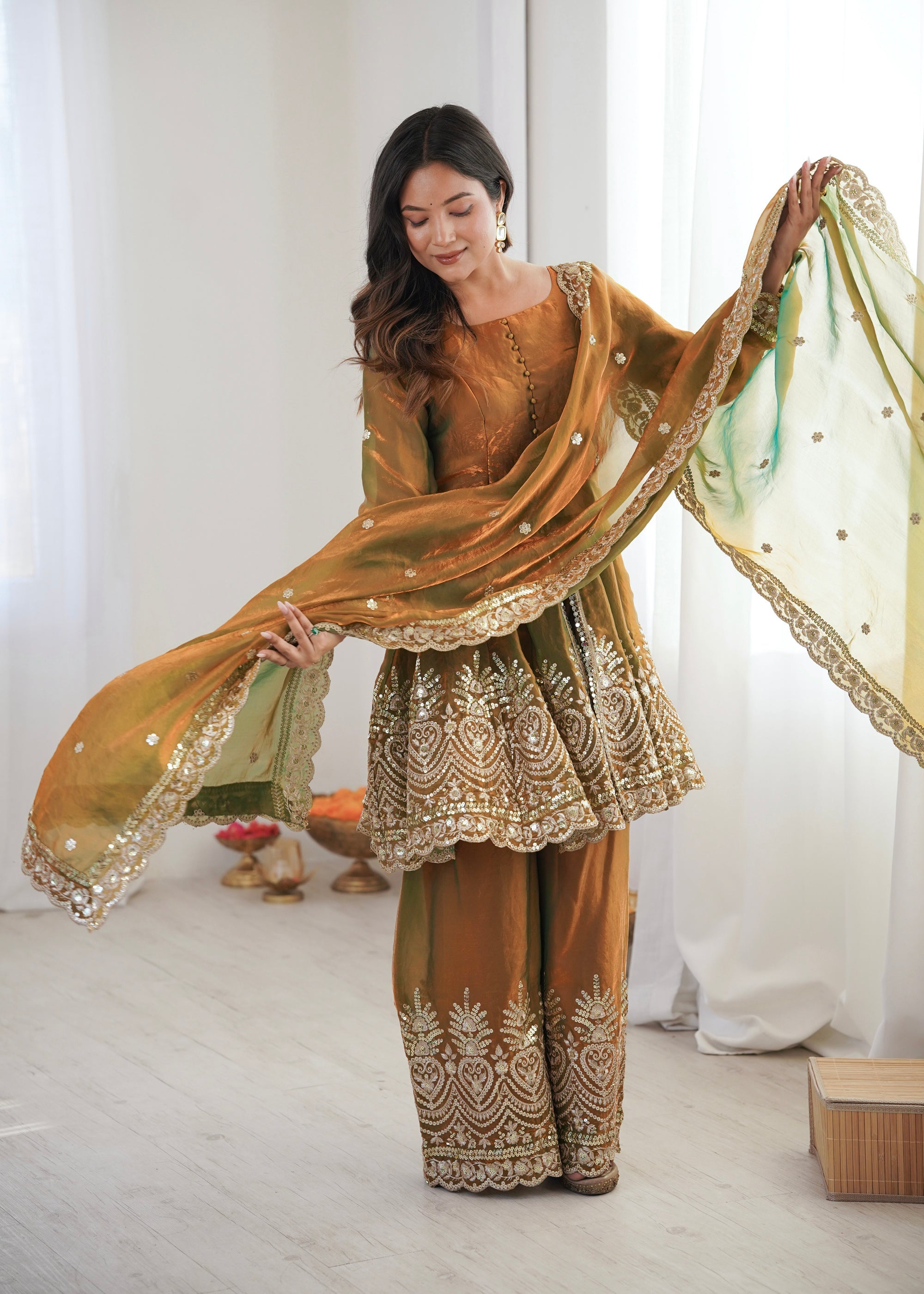 Lorenvalley Fashion Mehendi Fendy Satin Embroidery Sequins work with Real Mirror Kurta Palazzo with Dupatta | Grocsy