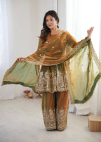 Lorenvalley Fashion Mehendi Fendy Satin Embroidery Sequins work with Real Mirror Kurta Palazzo with Dupatta | Grocsy