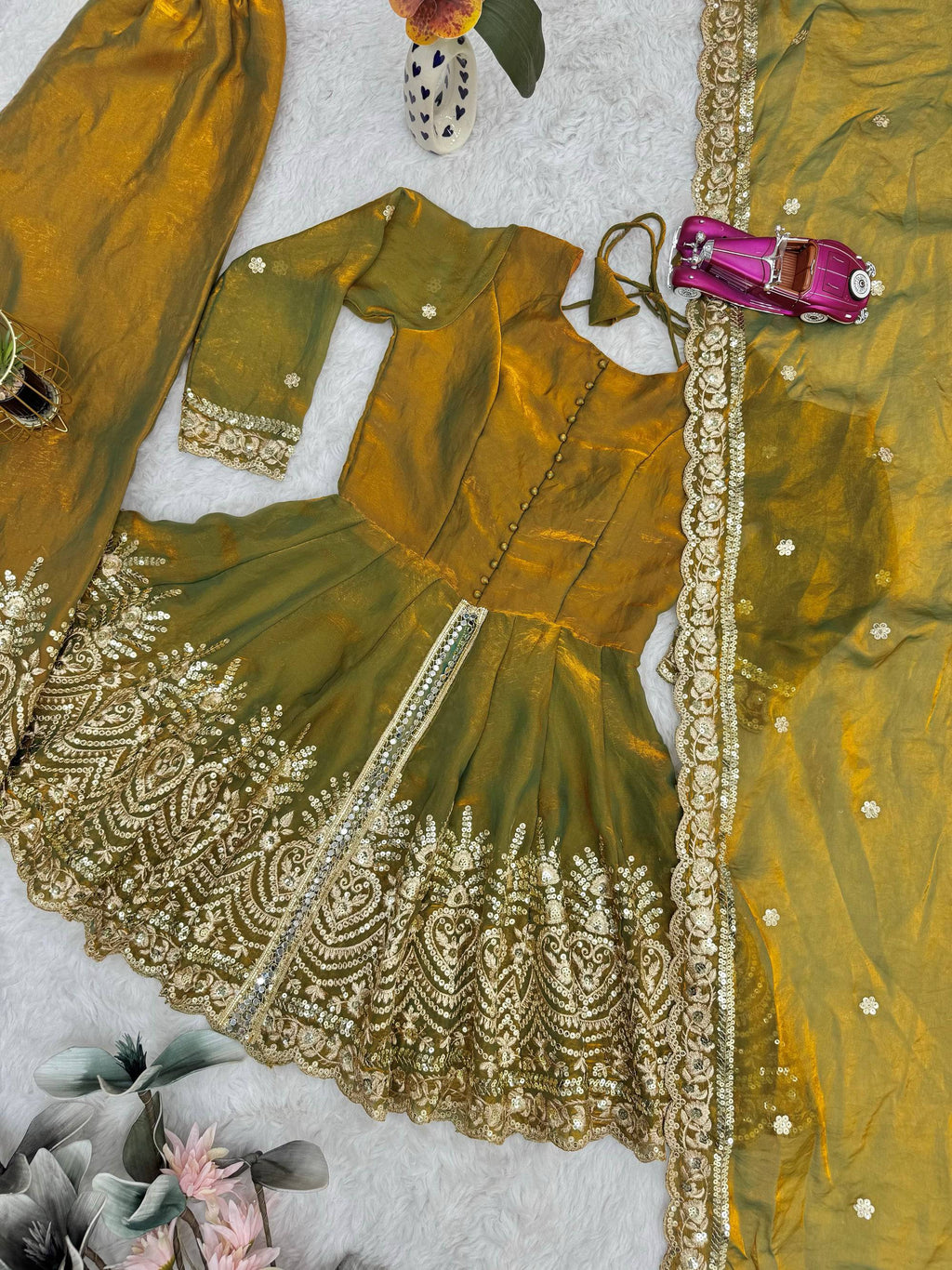 Lorenvalley Fashion Mehendi Fendy Satin Embroidery Sequins work with Real Mirror Kurta Palazzo with Dupatta | Grocsy