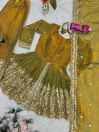 Lorenvalley Fashion Mehendi Fendy Satin Embroidery Sequins work with Real Mirror Kurta Palazzo with Dupatta | Grocsy