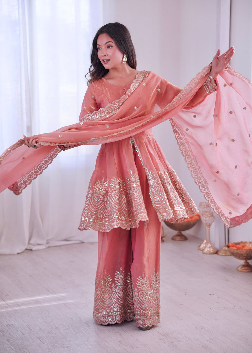 Lorenvalley Fashion Peach Fendy Satin Embroidery Sequins work with Real Mirror Kurta Palazzo with Dupatta | Grocsy