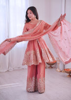 Lorenvalley Fashion Peach Fendy Satin Embroidery Sequins work with Real Mirror Kurta Palazzo with Dupatta | Grocsy
