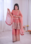 Lorenvalley Fashion Peach Fendy Satin Embroidery Sequins work with Real Mirror Kurta Palazzo with Dupatta | Grocsy