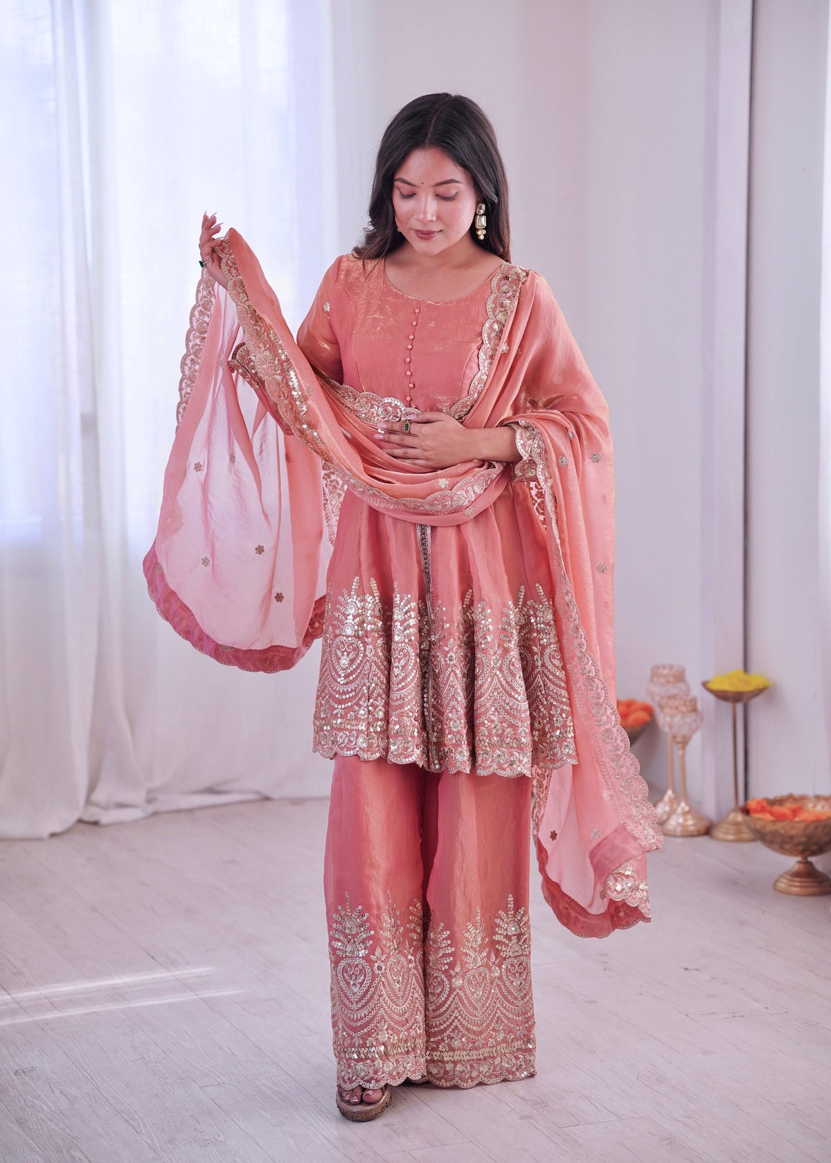 Lorenvalley Fashion Peach Fendy Satin Embroidery Sequins work with Real Mirror Kurta Palazzo with Dupatta | Grocsy