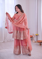 Lorenvalley Fashion Peach Fendy Satin Embroidery Sequins work with Real Mirror Kurta Palazzo with Dupatta | Grocsy