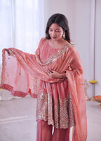 Lorenvalley Fashion Peach Fendy Satin Embroidery Sequins work with Real Mirror Kurta Palazzo with Dupatta | Grocsy
