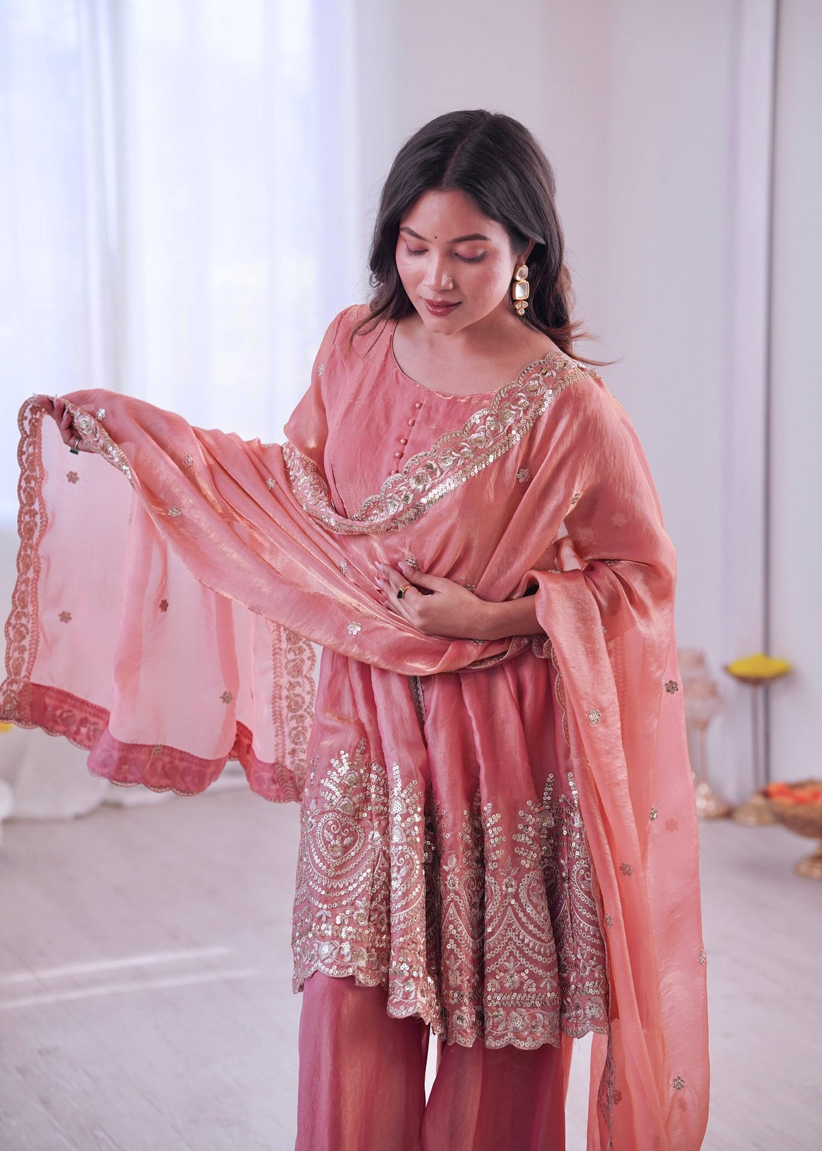 Lorenvalley Fashion Peach Fendy Satin Embroidery Sequins work with Real Mirror Kurta Palazzo with Dupatta | Grocsy