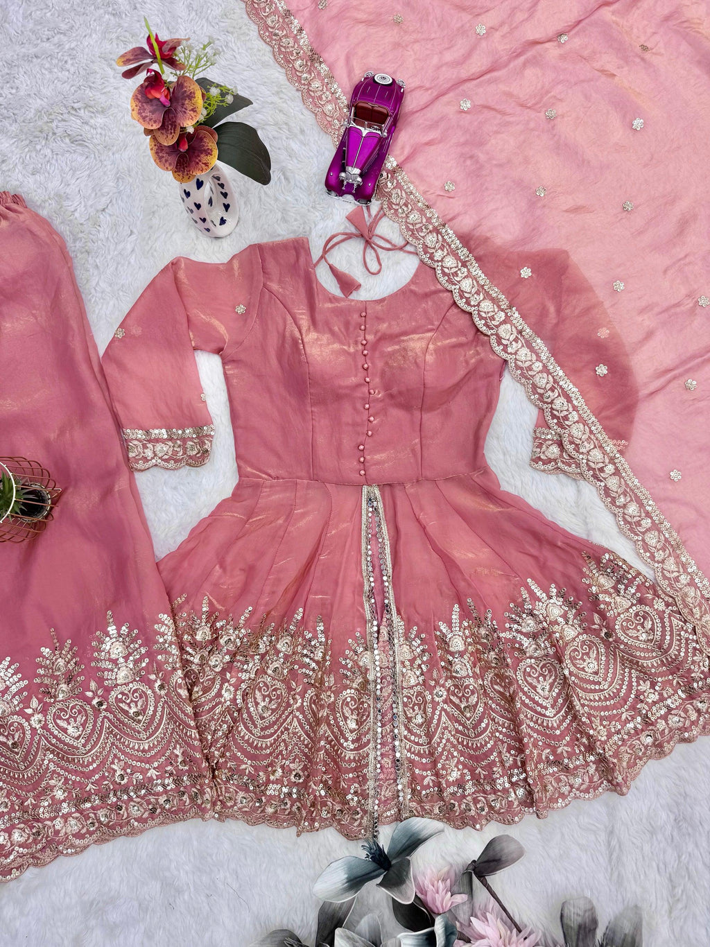 Lorenvalley Fashion Peach Fendy Satin Embroidery Sequins work with Real Mirror Kurta Palazzo with Dupatta | Grocsy