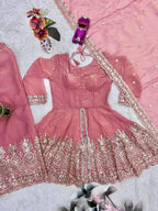 Lorenvalley Fashion Peach Fendy Satin Embroidery Sequins work with Real Mirror Kurta Palazzo with Dupatta | Grocsy
