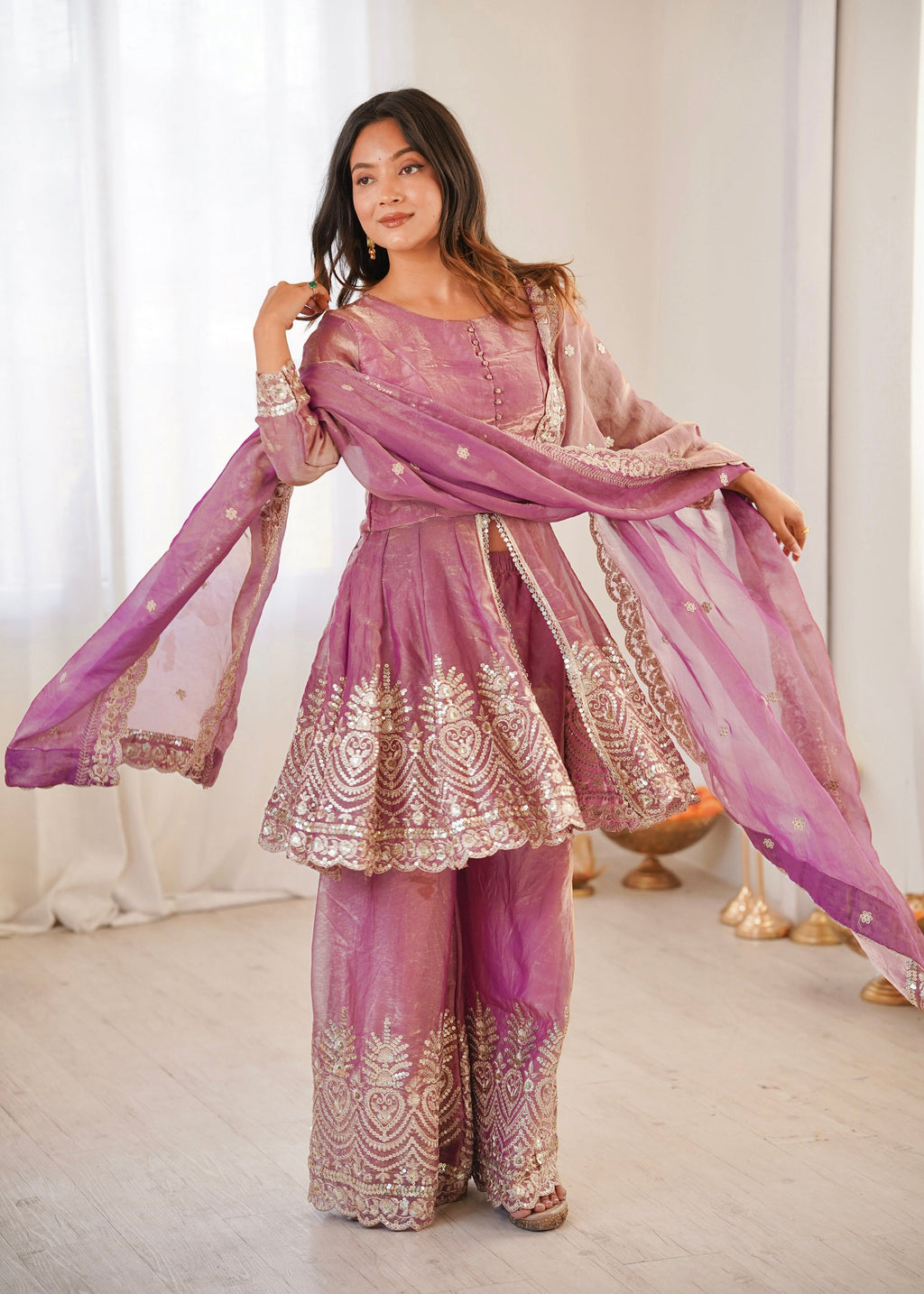 Lorenvalley Fashion Pink Fendy Satin Embroidery Sequins work with Real Mirror Kurta Palazzo with Dupatta | Grocsy