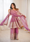 Lorenvalley Fashion Pink Fendy Satin Embroidery Sequins work with Real Mirror Kurta Palazzo with Dupatta | Grocsy