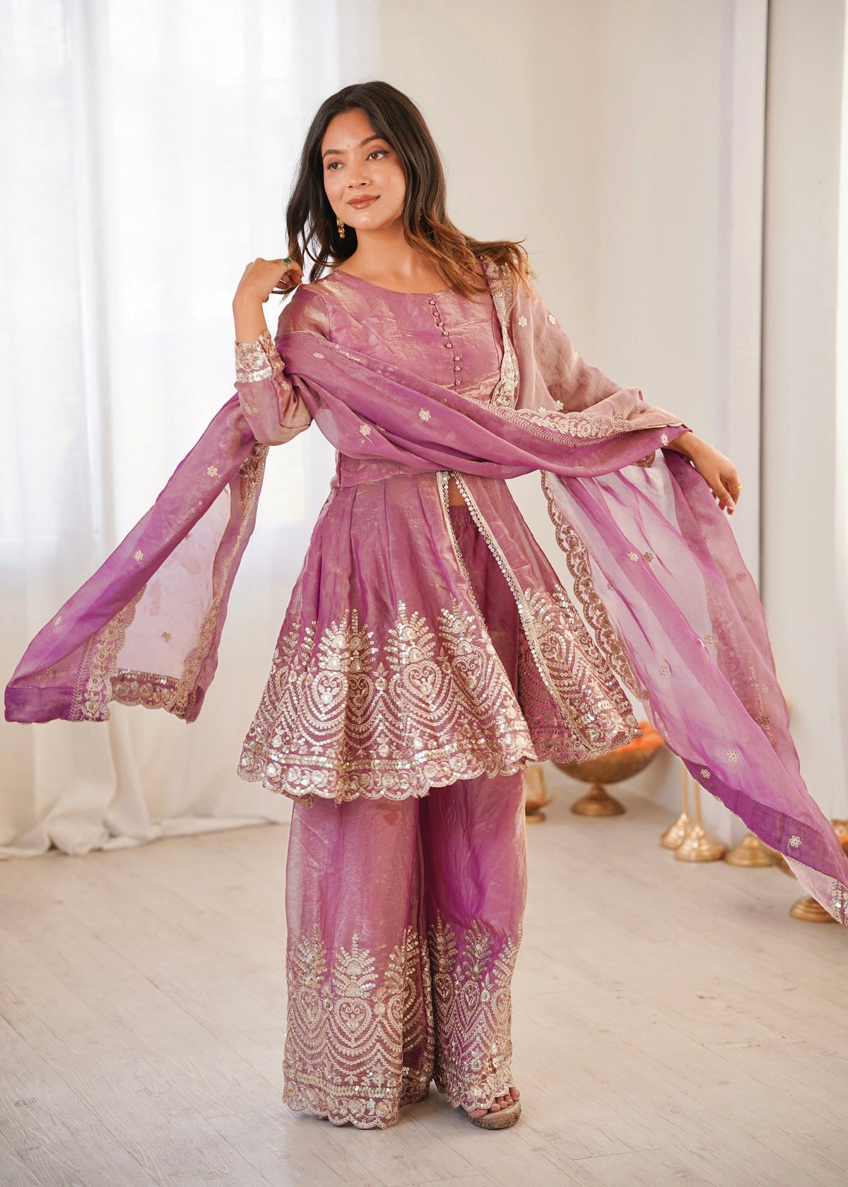 Lorenvalley Fashion Pink Fendy Satin Embroidery Sequins work with Real Mirror Kurta Palazzo with Dupatta | Grocsy