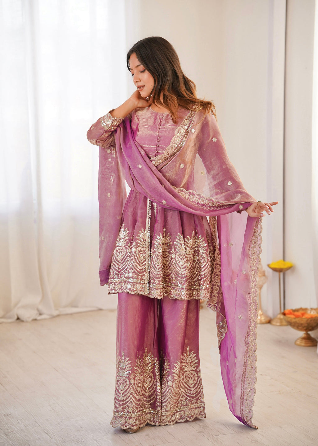 Lorenvalley Fashion Pink Fendy Satin Embroidery Sequins work with Real Mirror Kurta Palazzo with Dupatta | Grocsy