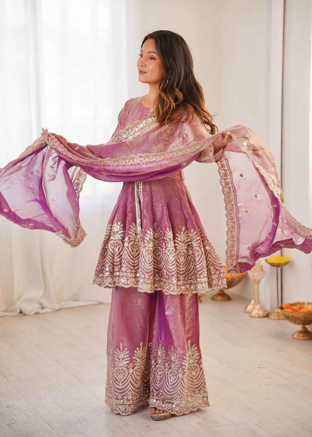 Lorenvalley Fashion Pink Fendy Satin Embroidery Sequins work with Real Mirror Kurta Palazzo with Dupatta | Grocsy