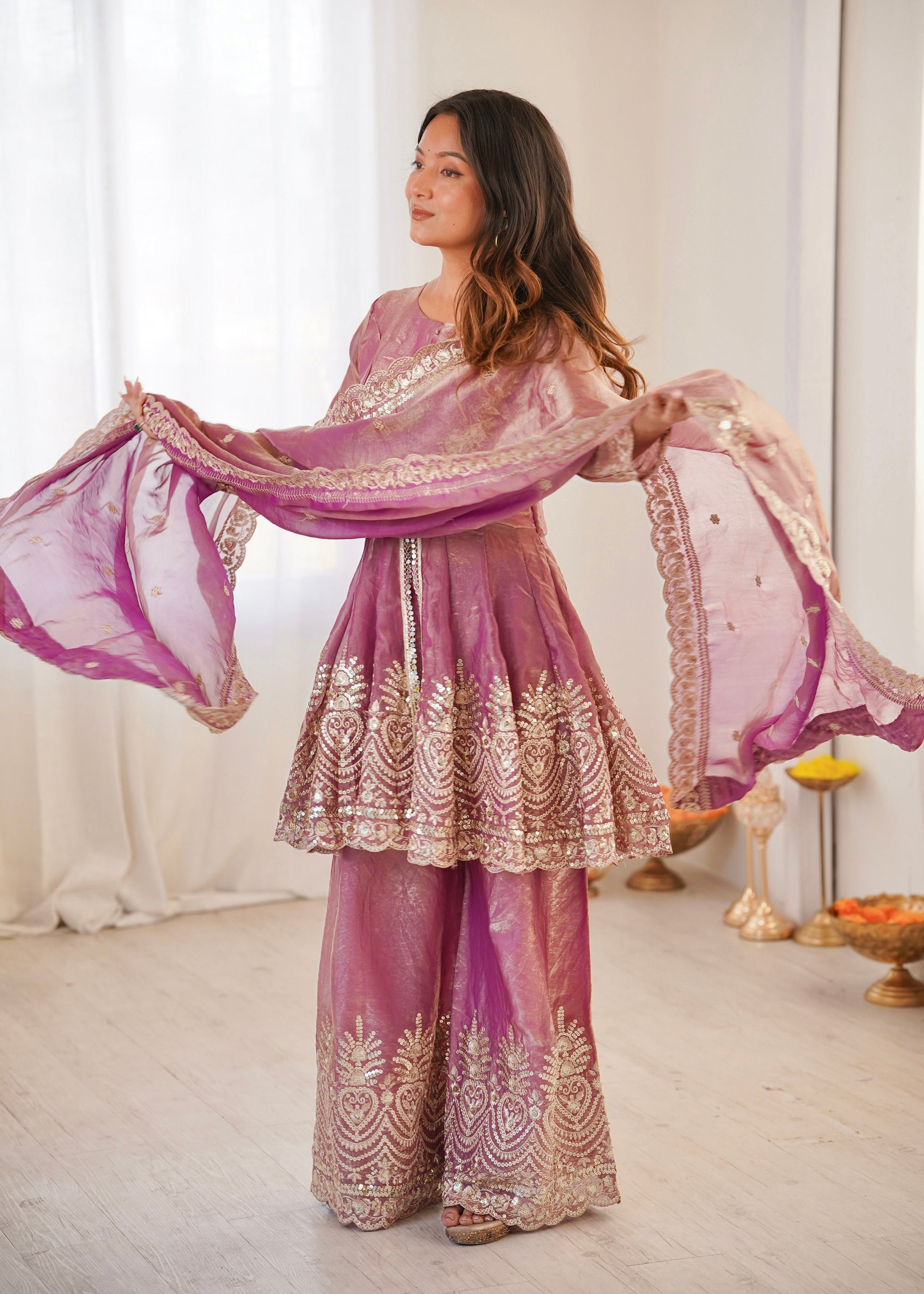 Lorenvalley Fashion Pink Fendy Satin Embroidery Sequins work with Real Mirror Kurta Palazzo with Dupatta | Grocsy