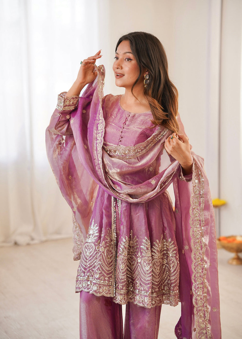 Lorenvalley Fashion Pink Fendy Satin Embroidery Sequins work with Real Mirror Kurta Palazzo with Dupatta | Grocsy