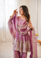 Lorenvalley Fashion Pink Fendy Satin Embroidery Sequins work with Real Mirror Kurta Palazzo with Dupatta | Grocsy