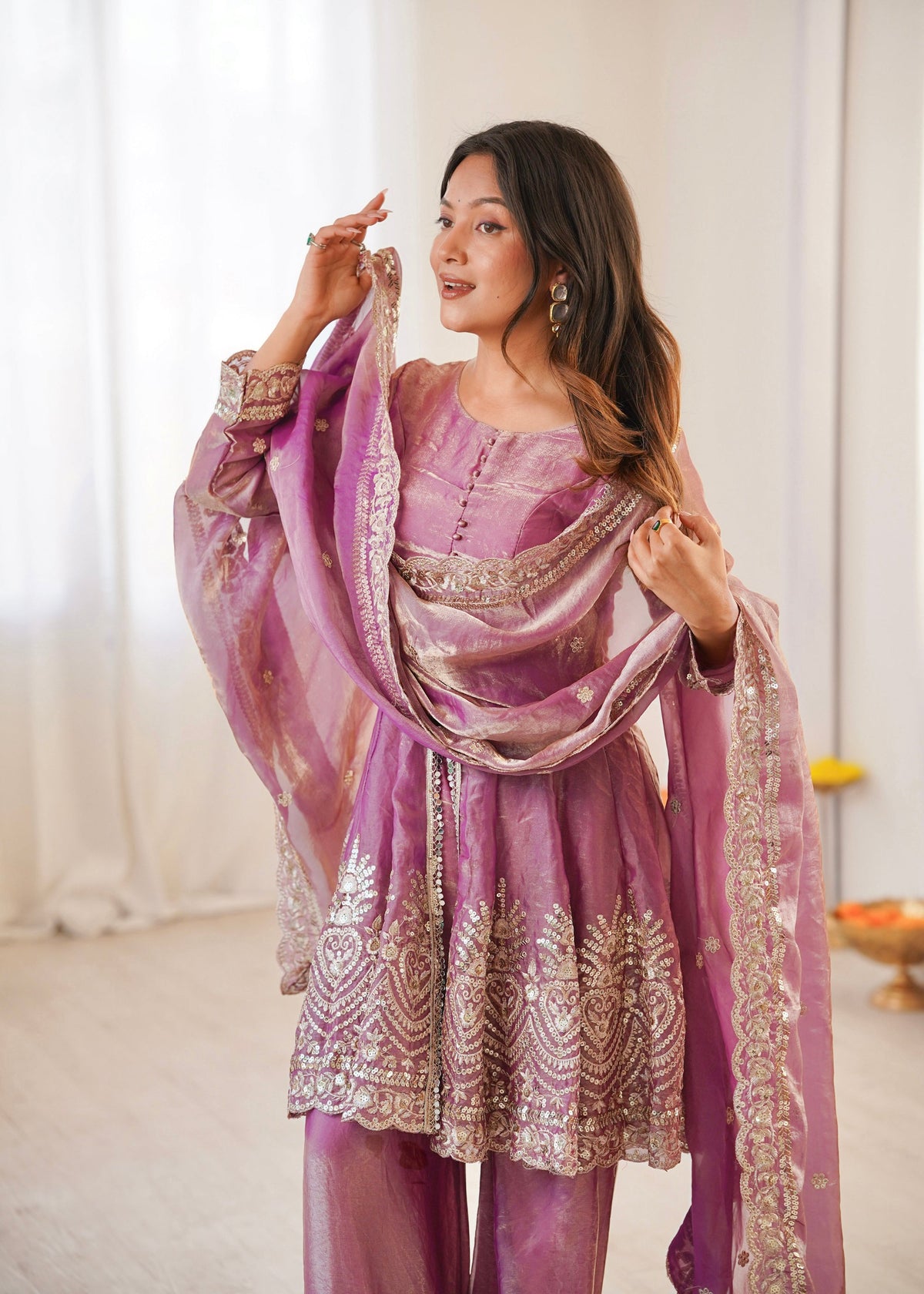 Lorenvalley Fashion Pink Fendy Satin Embroidery Sequins work with Real Mirror Kurta Palazzo with Dupatta | Grocsy