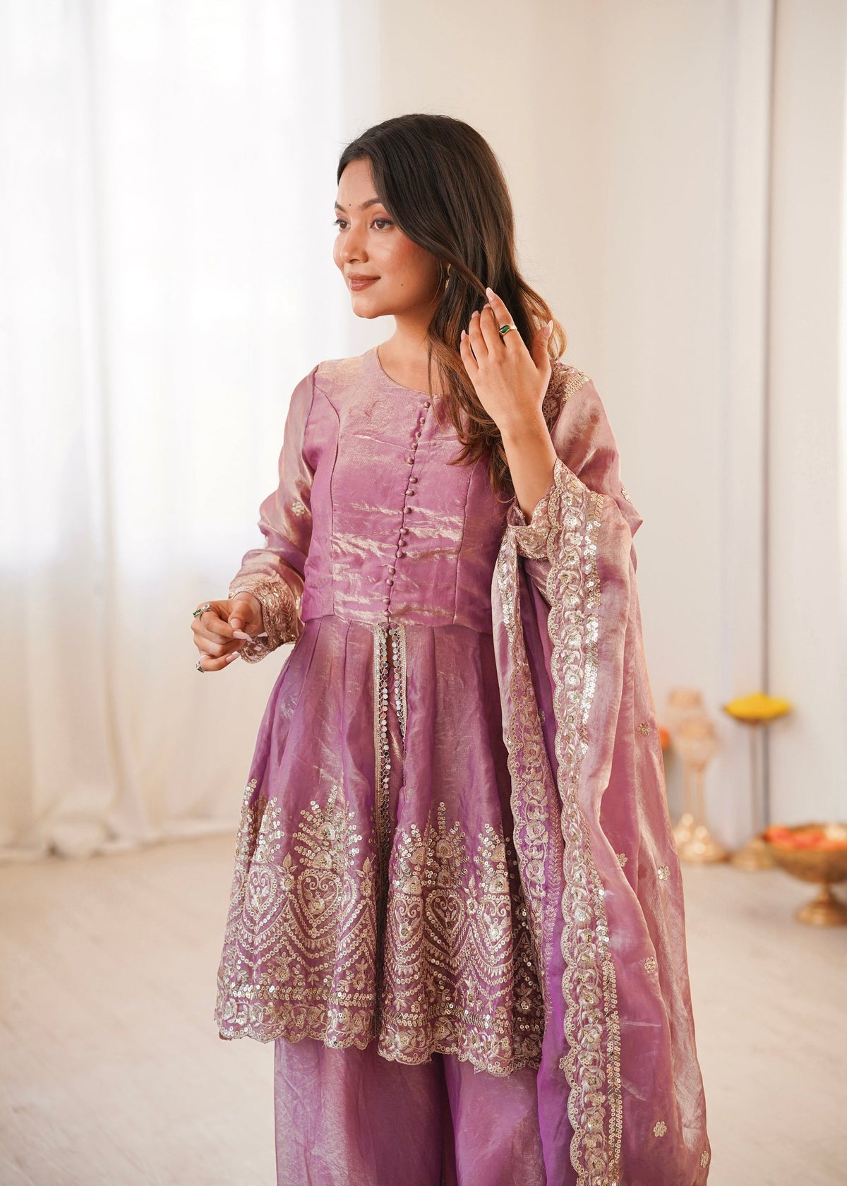 Lorenvalley Fashion Pink Fendy Satin Embroidery Sequins work with Real Mirror Kurta Palazzo with Dupatta | Grocsy