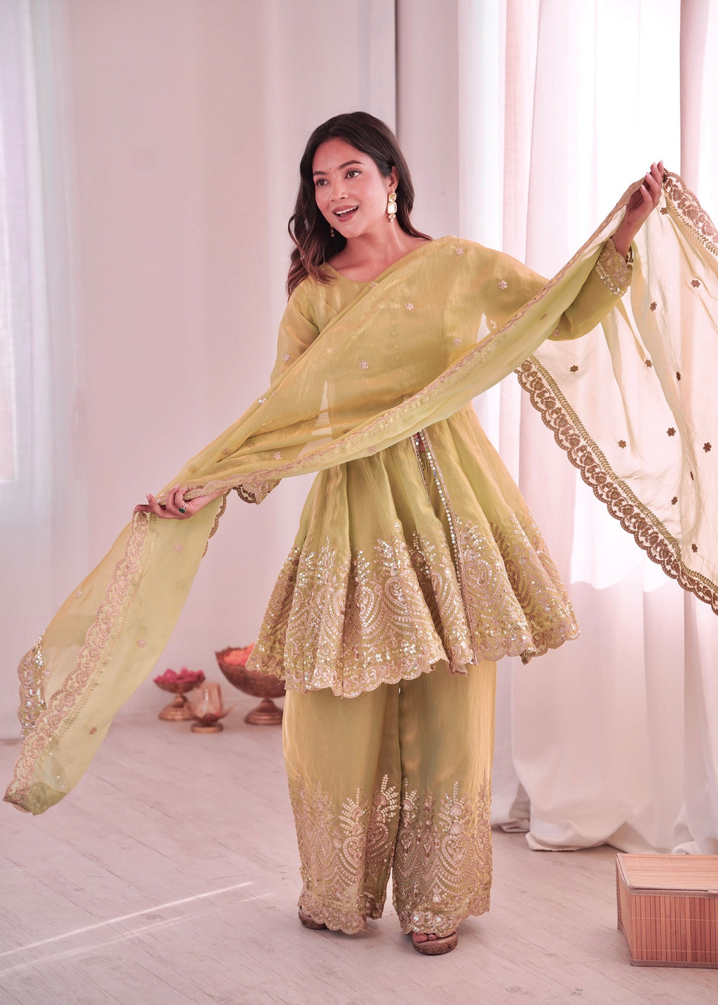 Lorenvalley Fashion Pista Green Fendy Satin Embroidery Sequins work with Real Mirror Kurta Palazzo with Dupatta | Grocsy
