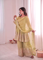 Lorenvalley Fashion Pista Green Fendy Satin Embroidery Sequins work with Real Mirror Kurta Palazzo with Dupatta | Grocsy