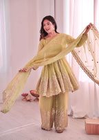 Lorenvalley Fashion Pista Green Fendy Satin Embroidery Sequins work with Real Mirror Kurta Palazzo with Dupatta | Grocsy
