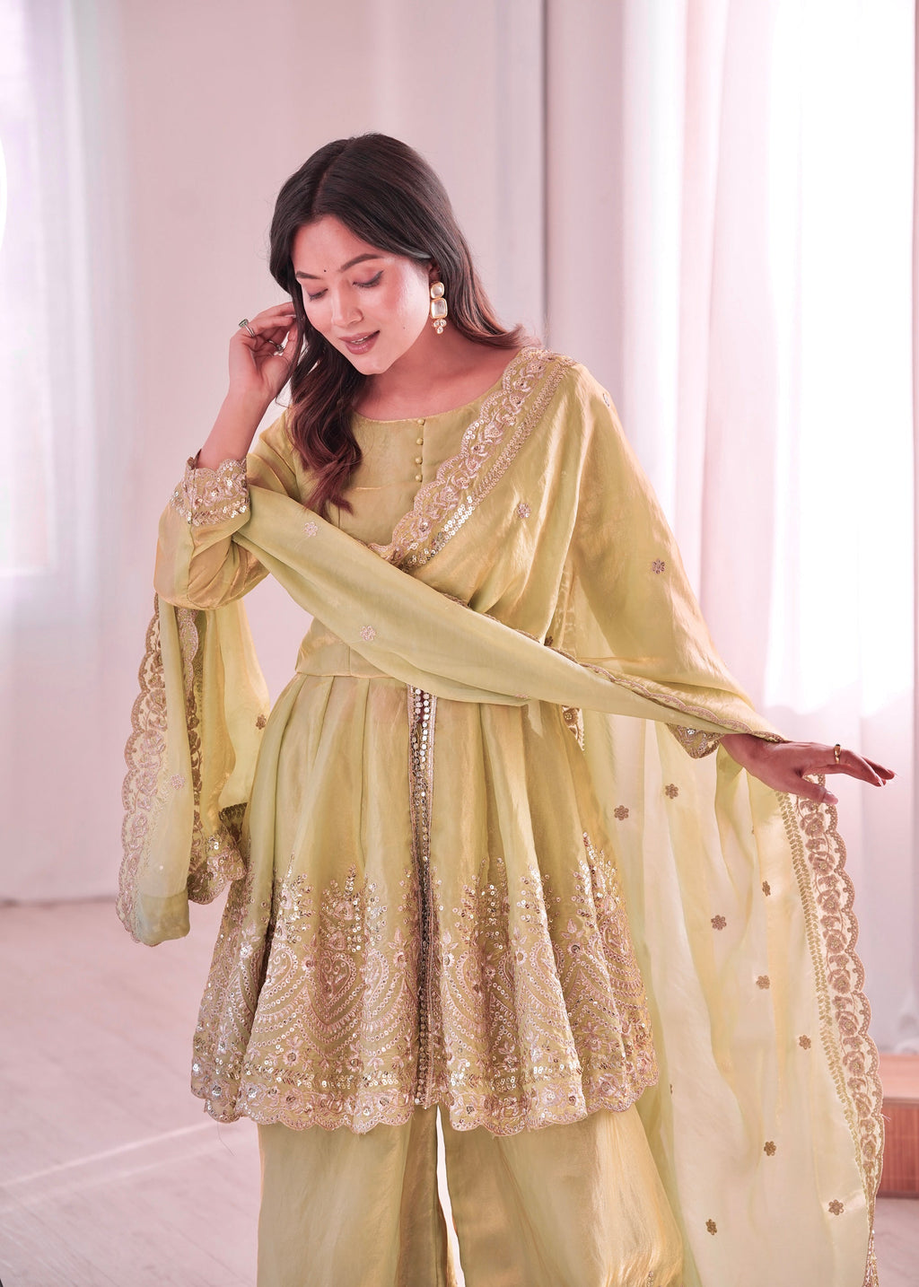 Lorenvalley Fashion Pista Green Fendy Satin Embroidery Sequins work with Real Mirror Kurta Palazzo with Dupatta | Grocsy