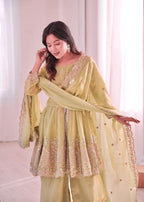 Lorenvalley Fashion Pista Green Fendy Satin Embroidery Sequins work with Real Mirror Kurta Palazzo with Dupatta | Grocsy