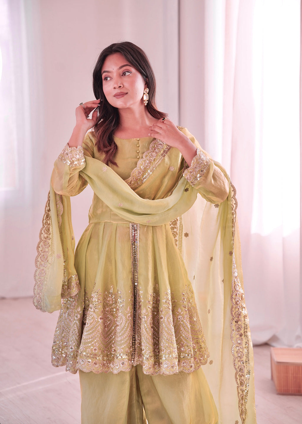 Lorenvalley Fashion Pista Green Fendy Satin Embroidery Sequins work with Real Mirror Kurta Palazzo with Dupatta | Grocsy