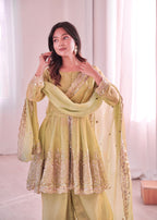 Lorenvalley Fashion Pista Green Fendy Satin Embroidery Sequins work with Real Mirror Kurta Palazzo with Dupatta | Grocsy