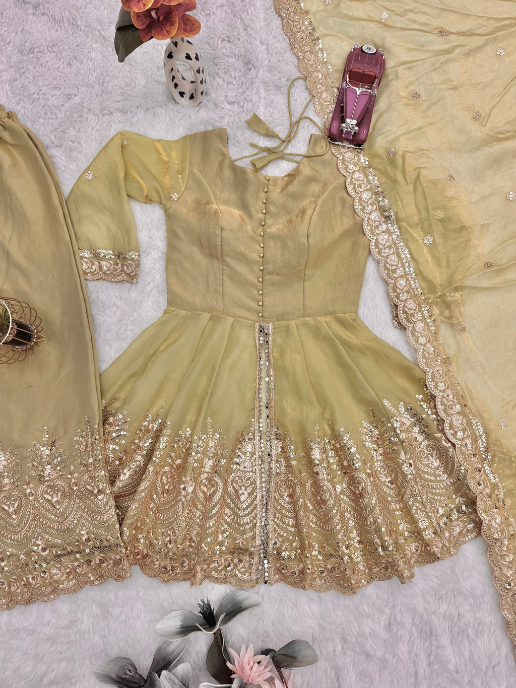 Lorenvalley Fashion Pista Green Fendy Satin Embroidery Sequins work with Real Mirror Kurta Palazzo with Dupatta | Grocsy