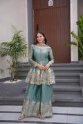 Lorenvalley Fashion Seagreen Fendy Satin Embroidery Sequins work with Real Mirror Kurta Palazzo with Dupatta | Grocsy