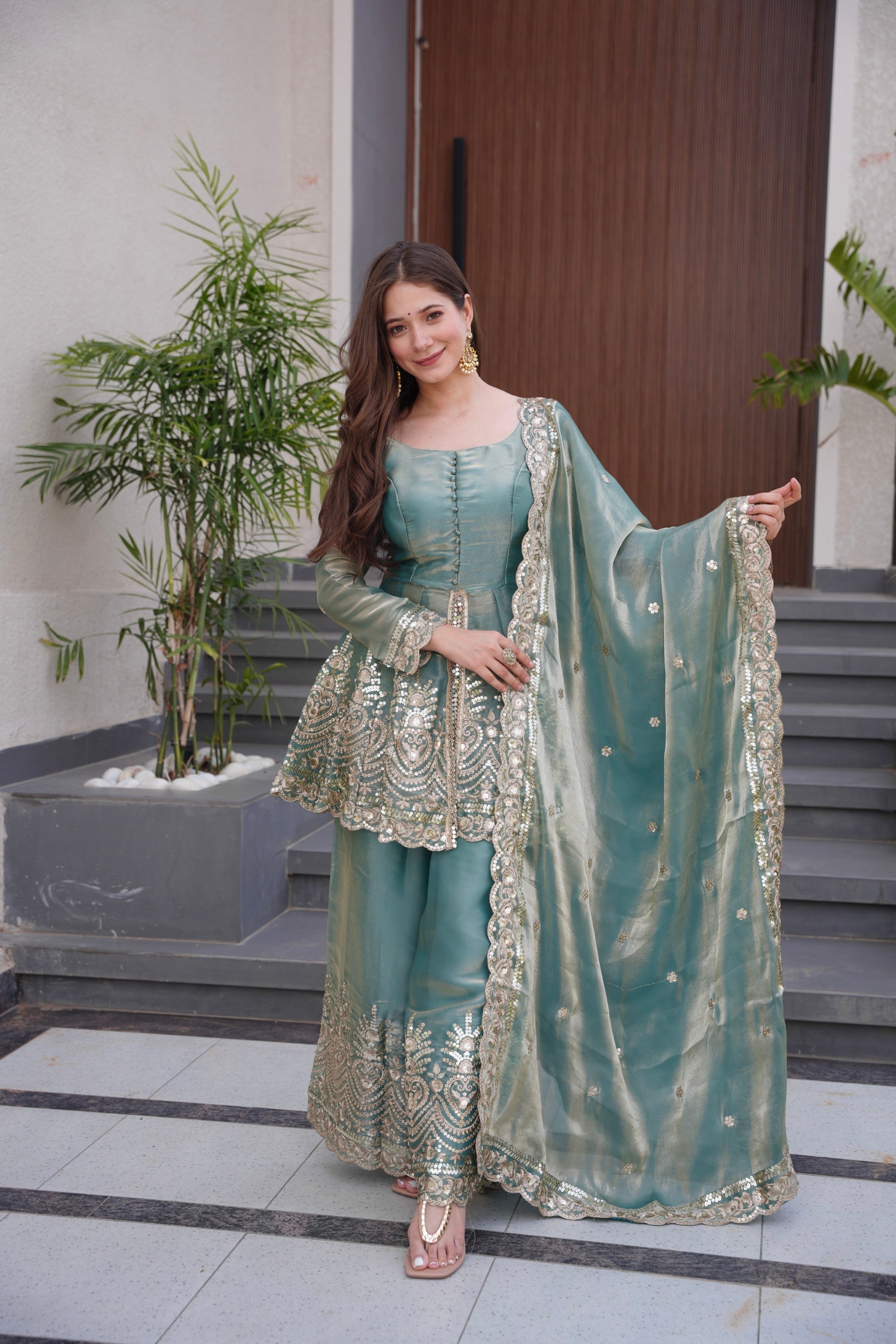 Lorenvalley Fashion Seagreen Fendy Satin Embroidery Sequins work with Real Mirror Kurta Palazzo with Dupatta | Grocsy