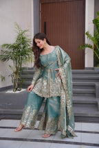 Lorenvalley Fashion Seagreen Fendy Satin Embroidery Sequins work with Real Mirror Kurta Palazzo with Dupatta | Grocsy