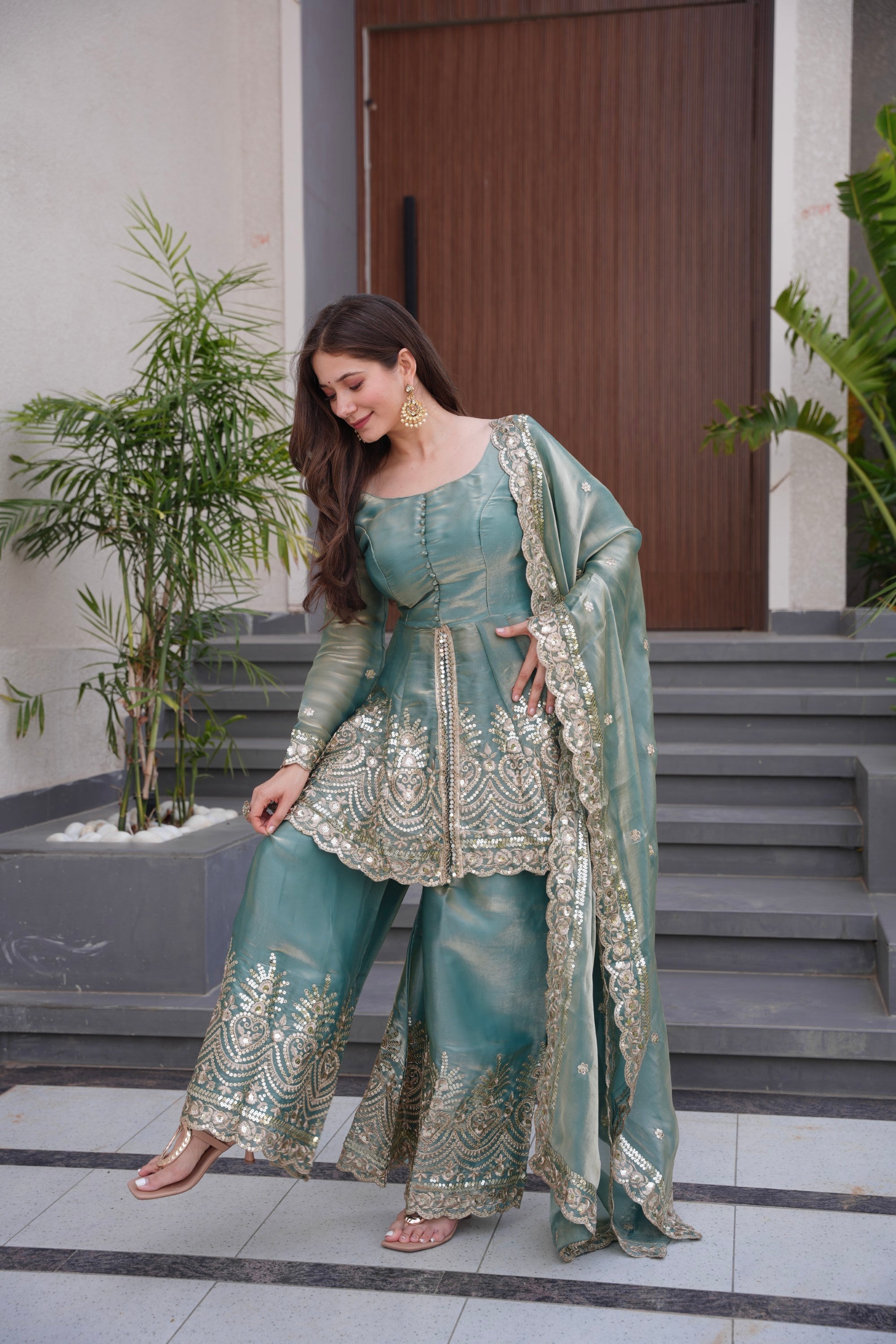 Lorenvalley Fashion Seagreen Fendy Satin Embroidery Sequins work with Real Mirror Kurta Palazzo with Dupatta | Grocsy