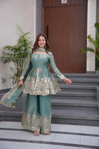 Lorenvalley Fashion Seagreen Fendy Satin Embroidery Sequins work with Real Mirror Kurta Palazzo with Dupatta | Grocsy