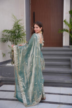 Lorenvalley Fashion Seagreen Fendy Satin Embroidery Sequins work with Real Mirror Kurta Palazzo with Dupatta | Grocsy