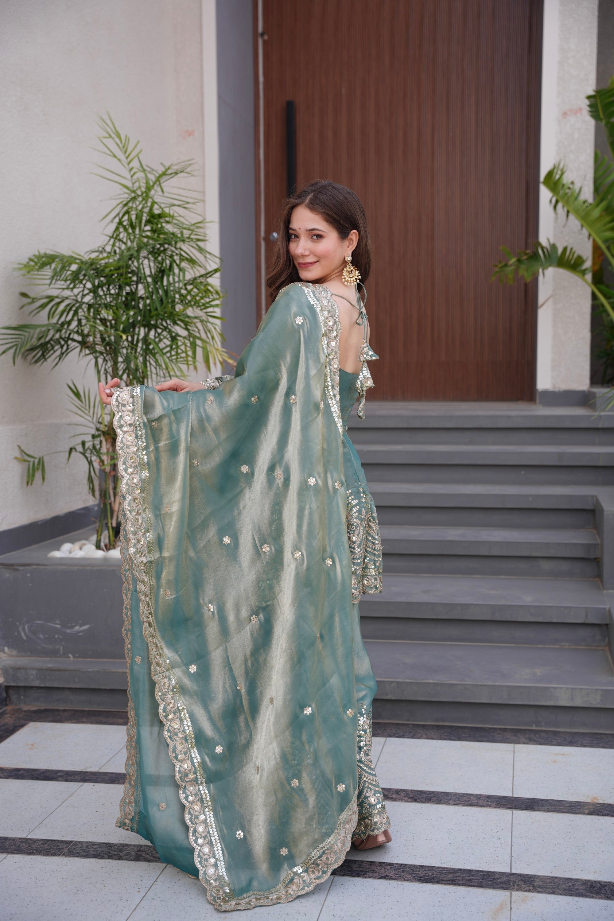 Lorenvalley Fashion Seagreen Fendy Satin Embroidery Sequins work with Real Mirror Kurta Palazzo with Dupatta | Grocsy
