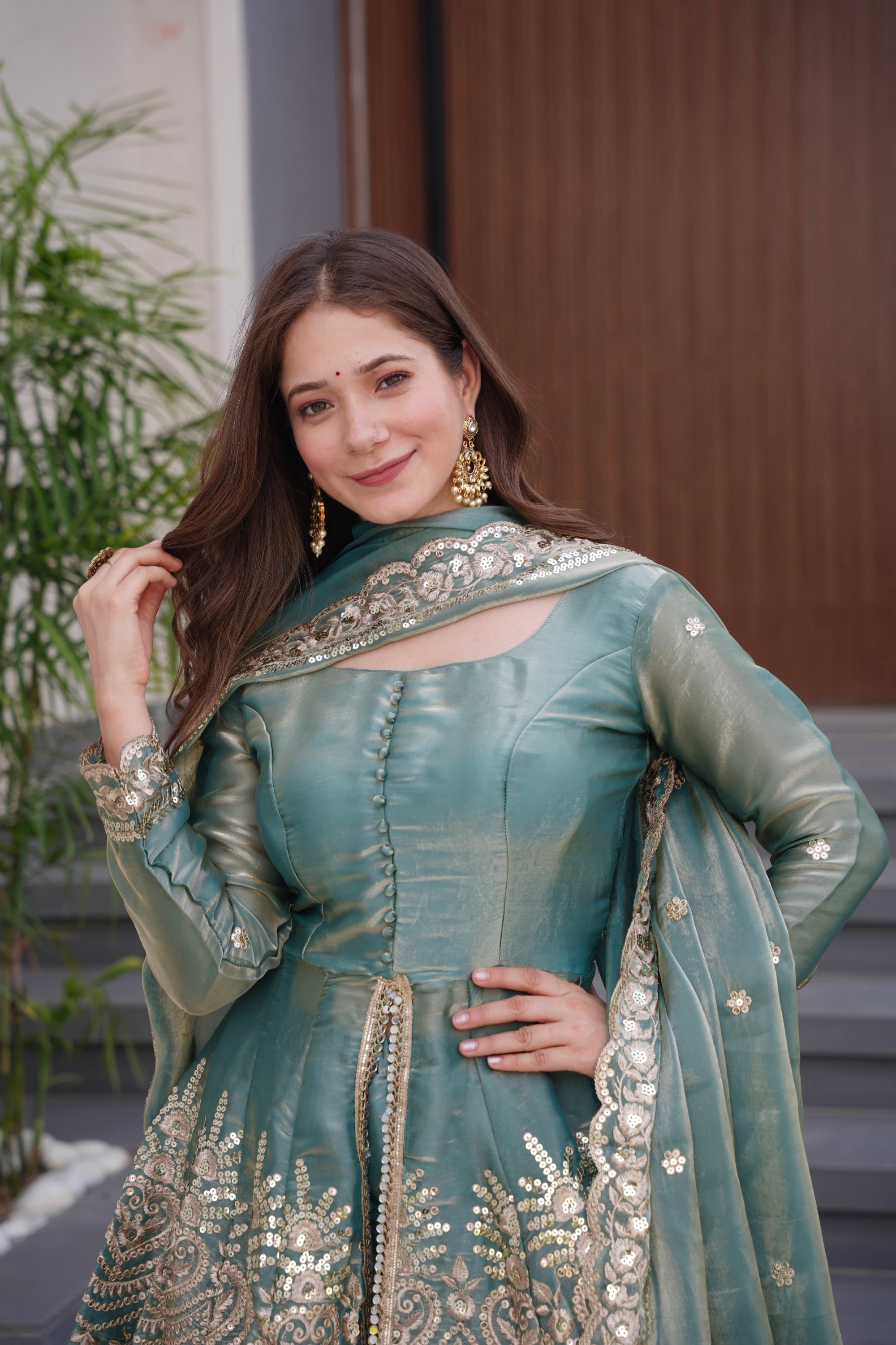 Lorenvalley Fashion Seagreen Fendy Satin Embroidery Sequins work with Real Mirror Kurta Palazzo with Dupatta | Grocsy