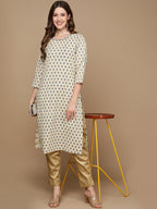 HERE&NOW Cream-Color & Teal Ethnic Motifs Printed Sequined Cotton Kurta | Grocsy