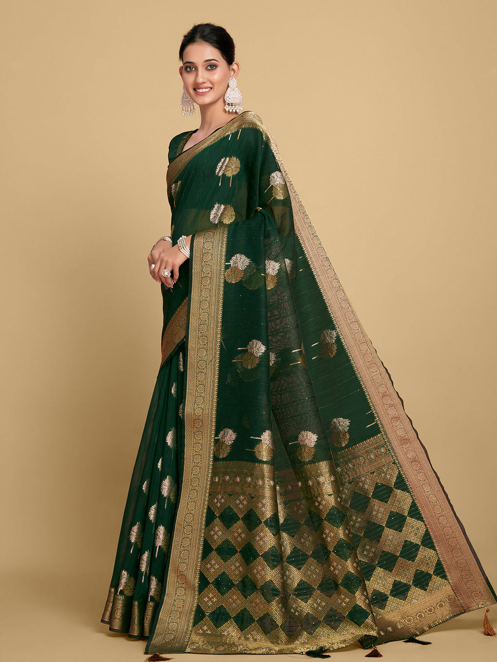 Sangria Green Ethnic Motifs Zari Linen Blend Saree | Grocsy