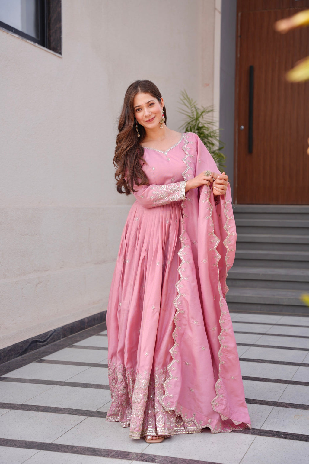 Lorenvalley Fashion Pink Shimmer Silk with Embroidery Sequins Work Anarkali Gown with Dupatta | Grocsy