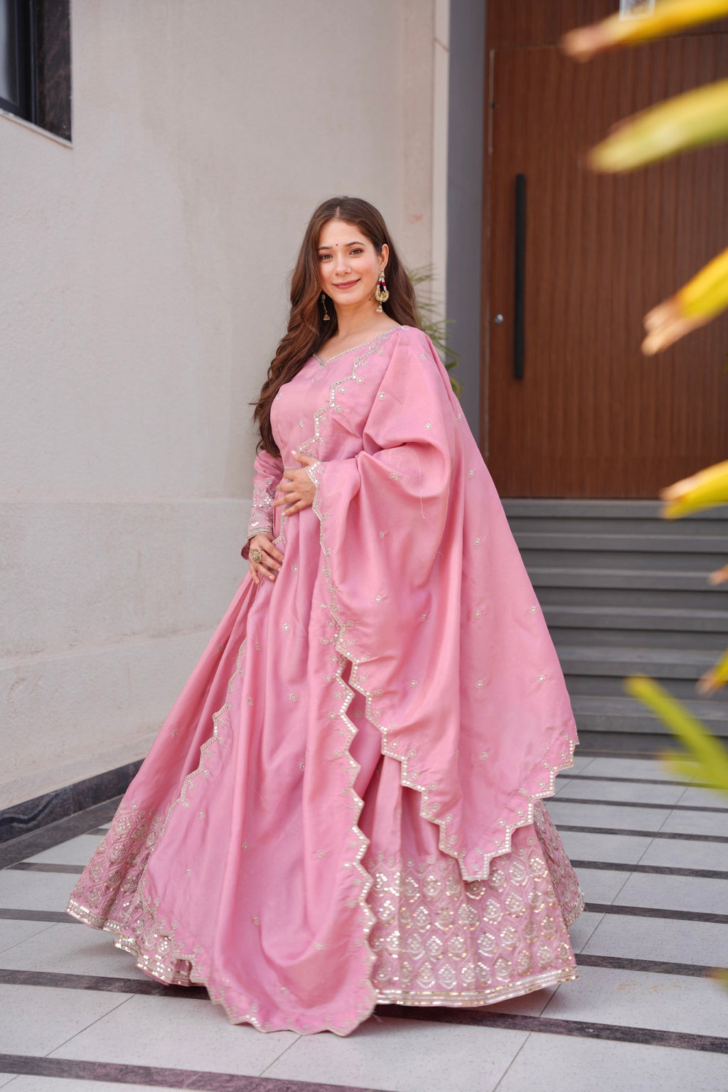 Lorenvalley Fashion Pink Shimmer Silk with Embroidery Sequins Work Anarkali Gown with Dupatta | Grocsy
