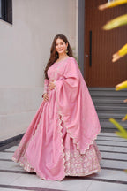 Lorenvalley Fashion Pink Shimmer Silk with Embroidery Sequins Work Anarkali Gown with Dupatta | Grocsy