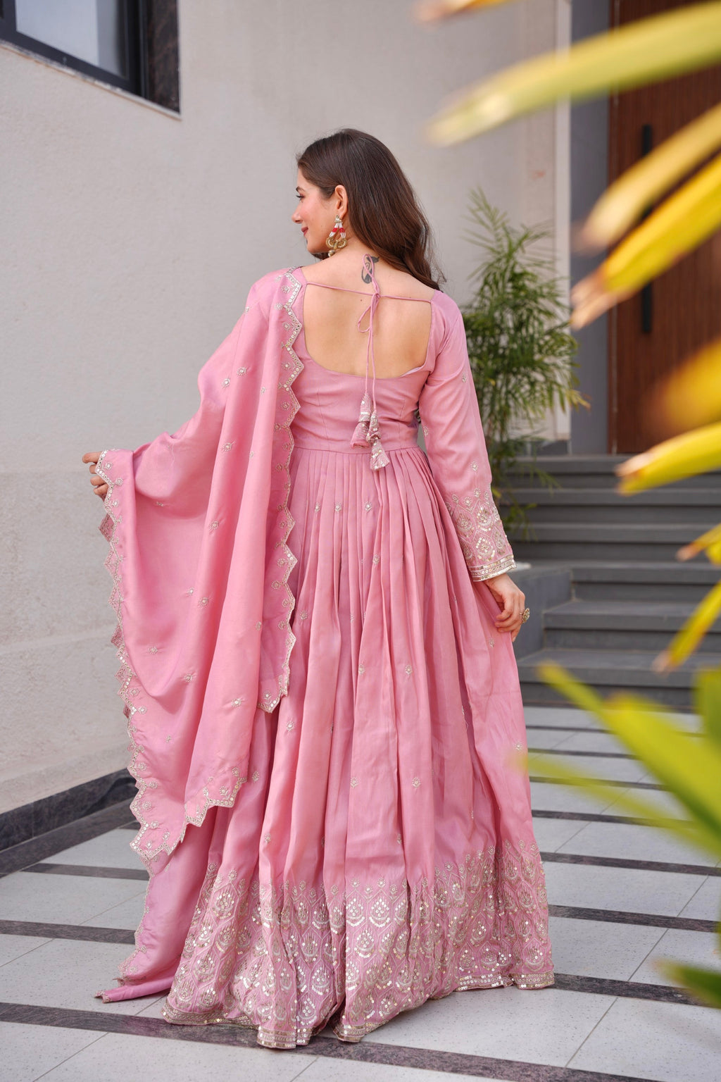 Lorenvalley Fashion Pink Shimmer Silk with Embroidery Sequins Work Anarkali Gown with Dupatta | Grocsy