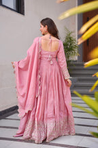 Lorenvalley Fashion Pink Shimmer Silk with Embroidery Sequins Work Anarkali Gown with Dupatta | Grocsy